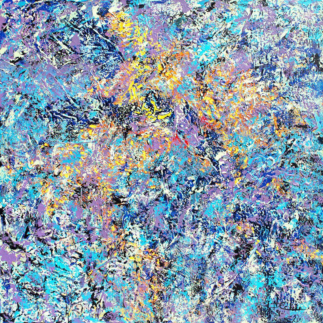 Nancy Eckels Abstract Painting – „Cool Day, Warm Breeze“ Großer abstrakter Kommoden mit Textur in Blau, Orange und Lavendel