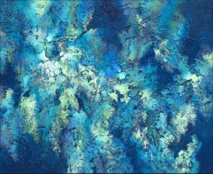 "Cool Motion" by Nancy Eckels large abstract painting with textural blue-greens