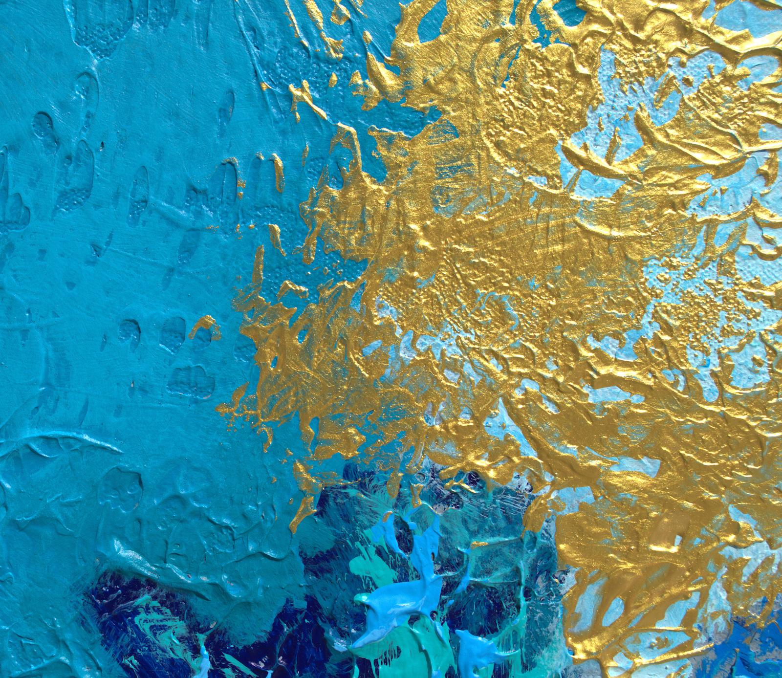 Cool Sparkle Abstrakte Mischtechnik mit strukturiertem Blau, Teal, Aqua, Gold im Angebot 1