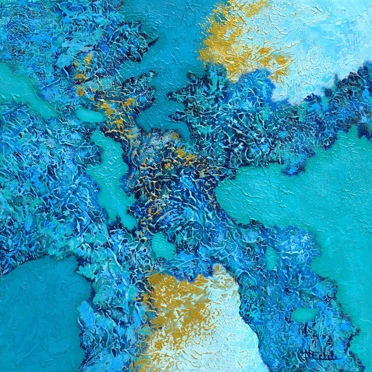 Cool Sparkle Abstrakte Mischtechnik mit strukturiertem Blau, Teal, Aqua, Gold – Mixed Media Art von Nancy Eckels