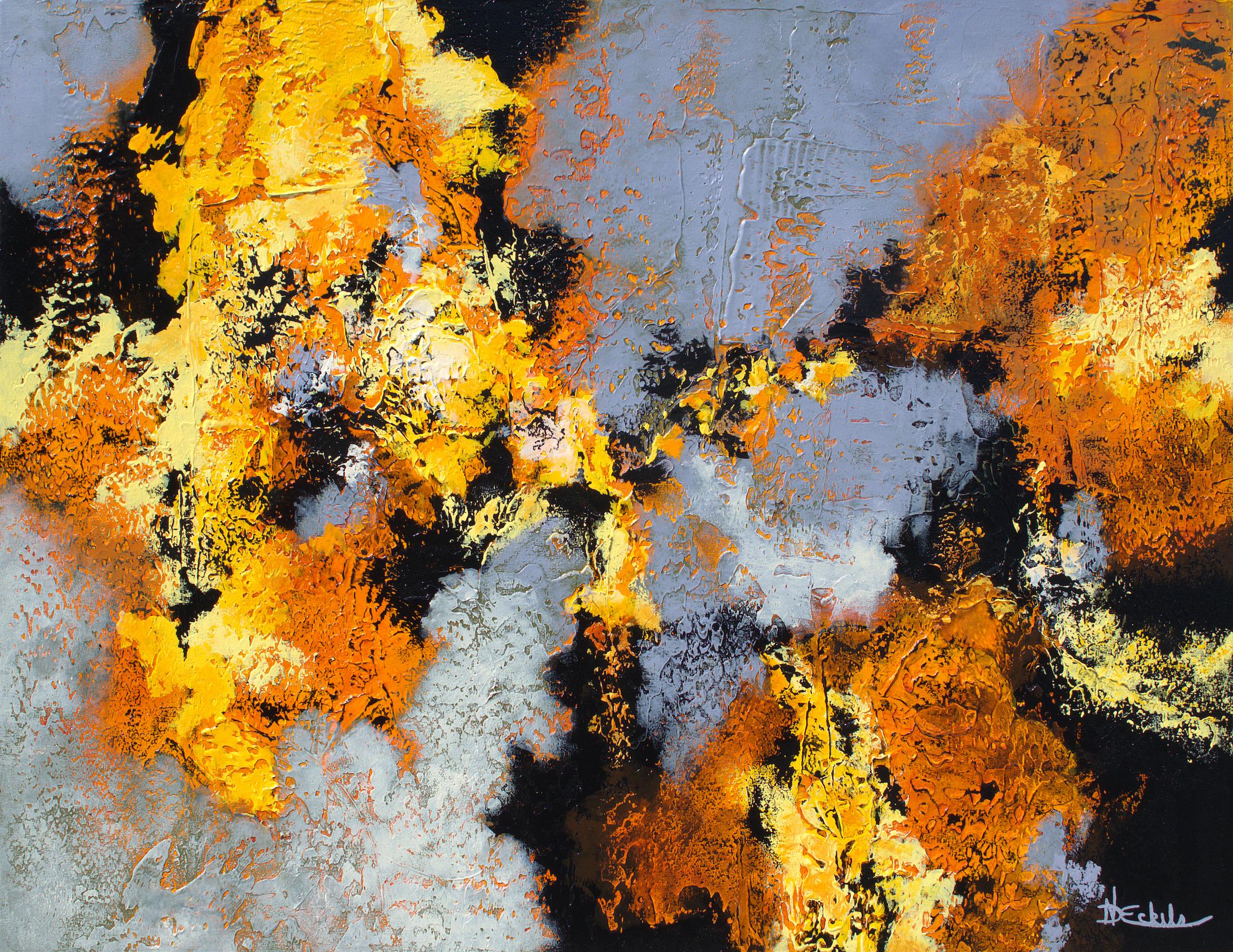 Nancy Eckels Abstract Painting - "Cooling Trend" large abstract painting with textural black, golds, and lavender