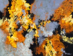 "Cooling Trend" large abstract painting with textural black, golds, and lavender