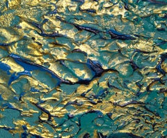 "Current "  Mixed Media abstract with textural greens, blues and gold metallics