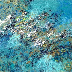 "Current "  Mixed Media abstract with textural greens, blues and gold metallics