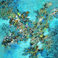 Nancy Eckels - "Current 2" Mixed Media abstract with textural greens, blues and gold metallics "Current 2" Mixed Media abstract with textural greens, blues and gold metallics