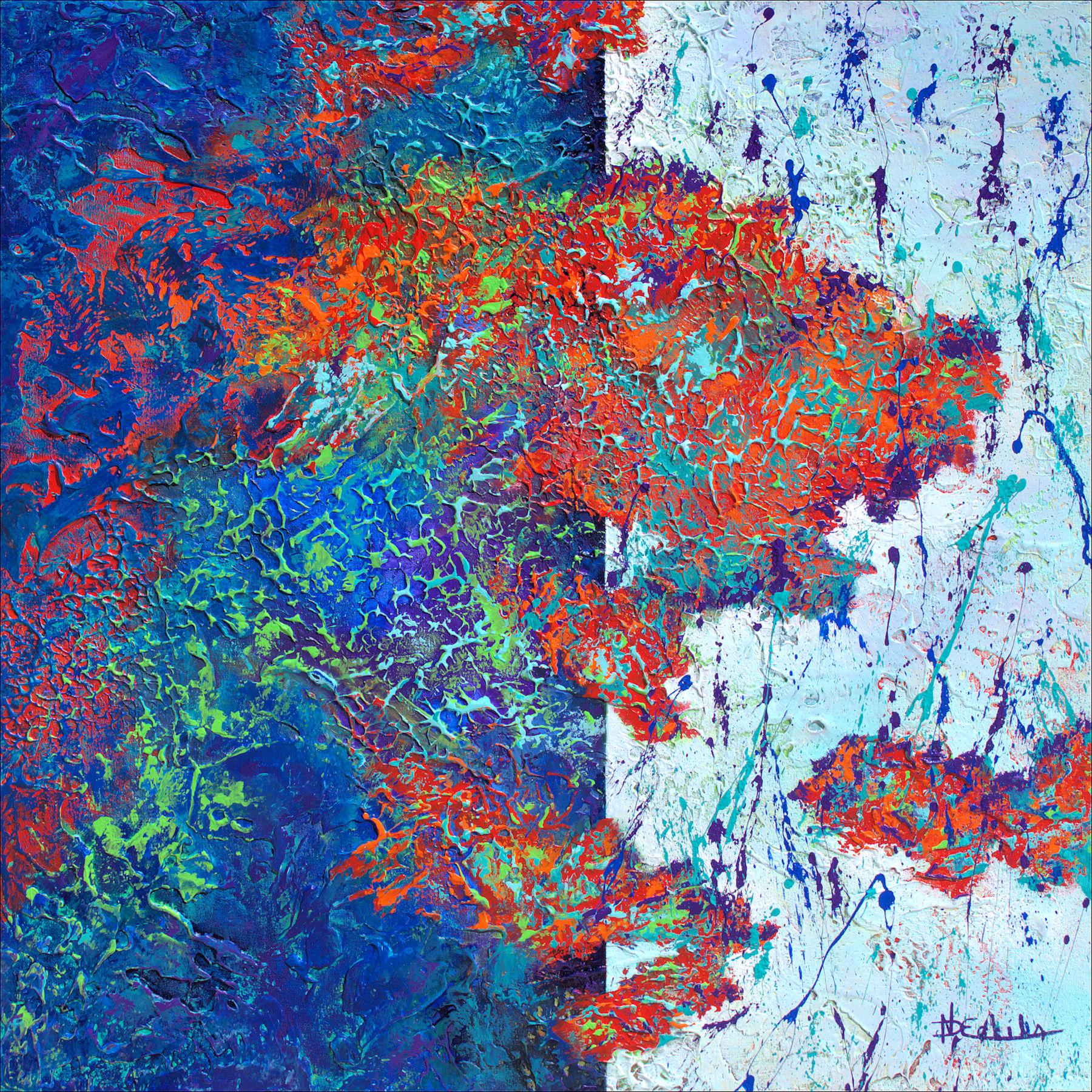 "Dare To Cross Line" The Mixed Media abstract with textural purples, blues, reds - Mixed Media Art by Nancy Eckels