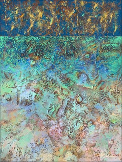 "Deep Illusions" by Nancy Eckels abstract painting with texture, greens, blues