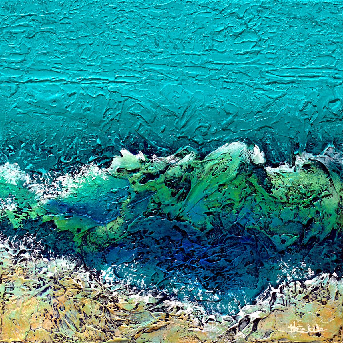 "Deep World" Zeitgenössische abstrakte Malerei mit Textur, Grüntönen und Blautönen – Mixed Media Art von Nancy Eckels