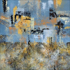 "Desert City Mirage" Textural Abstract with Pale Blues, Golds, Black, Grays