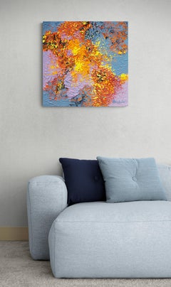 "Double Burst"  Media abstract with textural gold, orange, blues and lavender