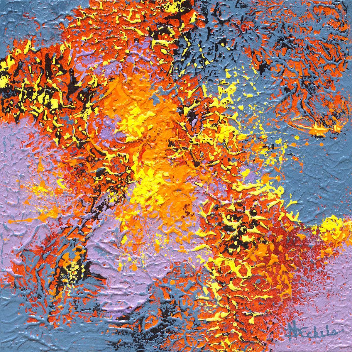 Nancy Eckels Abstract Painting – "Double Burst"  Media-Abstrakte Kunst mit strukturiertem Gold, Orange, Blau und Lavendel