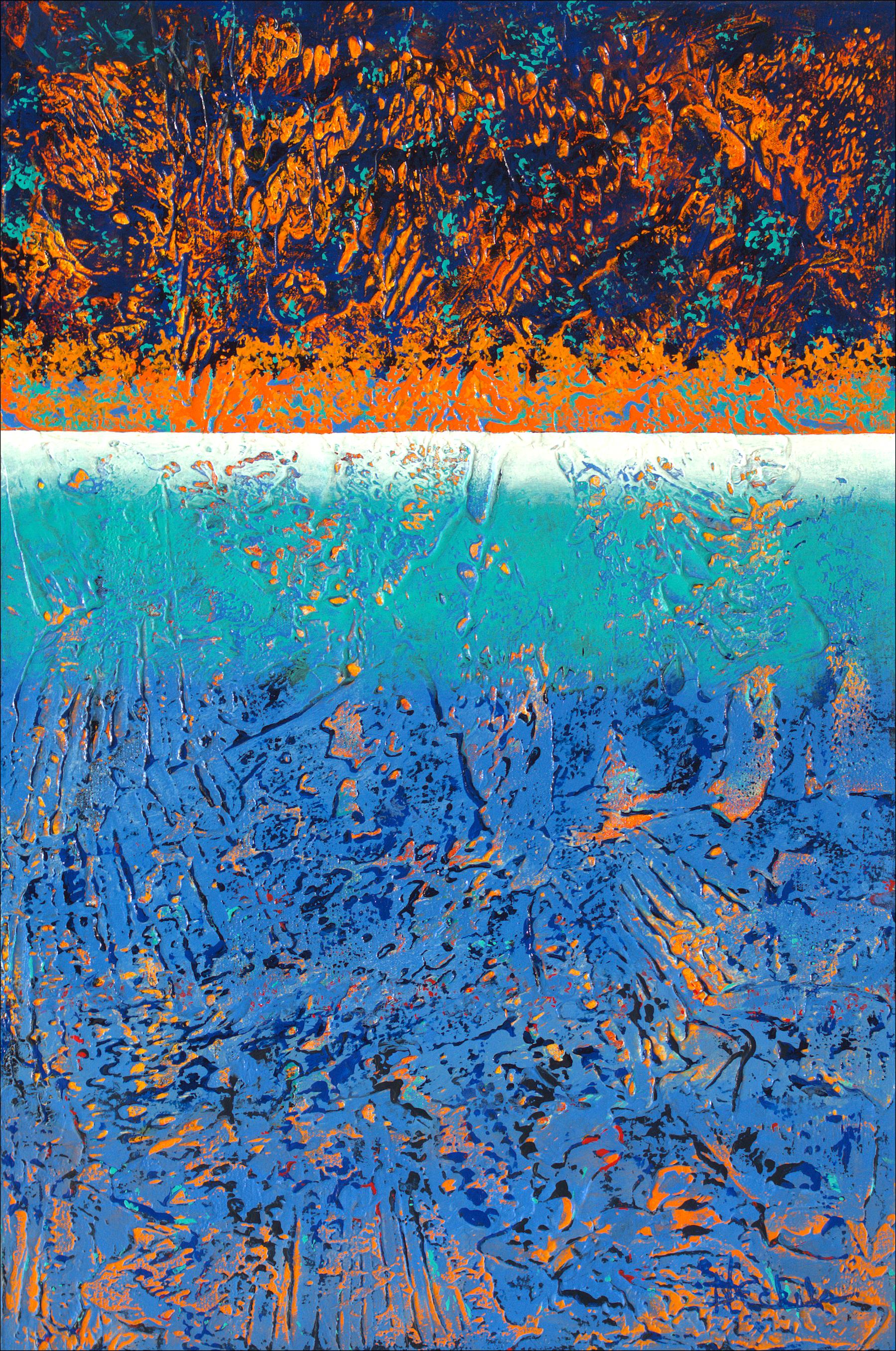 Nancy Eckels Abstract Painting - "Early Sea Light" Mixed Media abstract with textural greens, blues and oranges