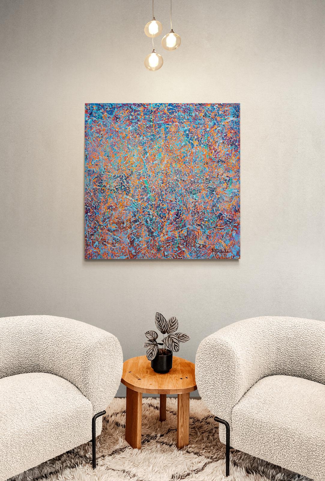 « Début de l'hiver », technique mixte abstraite avec des bleus, orange et lavande texturés en vente 1