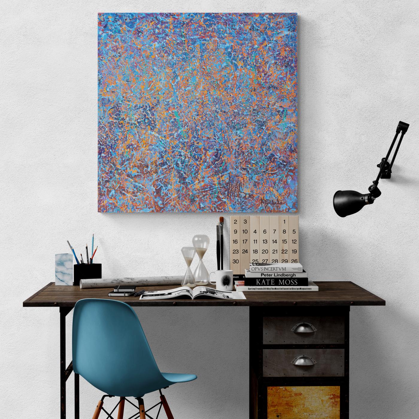 « Début de l'hiver », technique mixte abstraite avec des bleus, orange et lavande texturés en vente 2