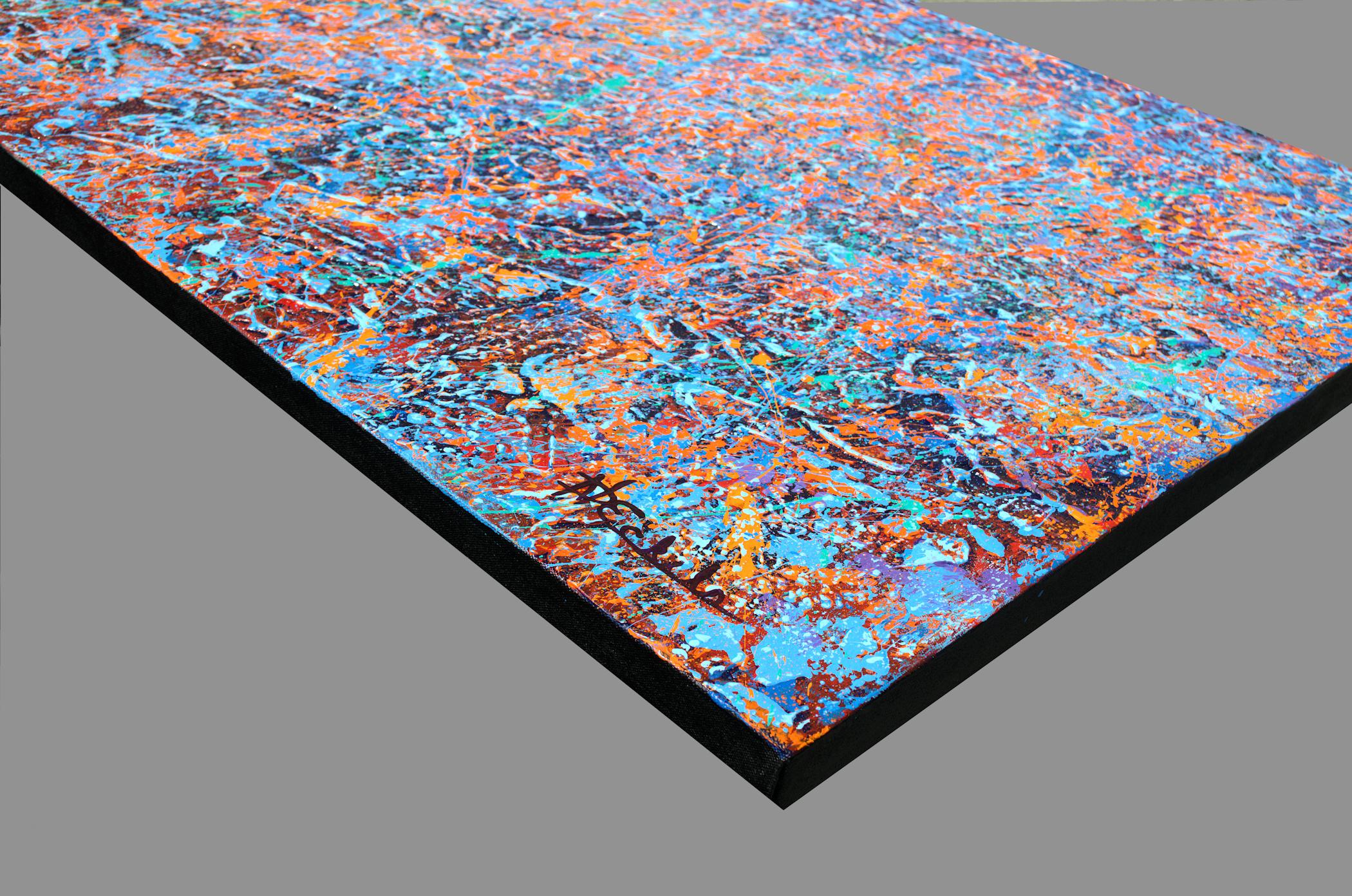 « Début de l'hiver », technique mixte abstraite avec des bleus, orange et lavande texturés en vente 3