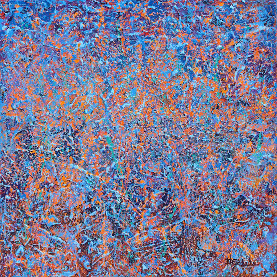 Abstract Painting Nancy Eckels - « Début de l'hiver », technique mixte abstraite avec des bleus, orange et lavande texturés
