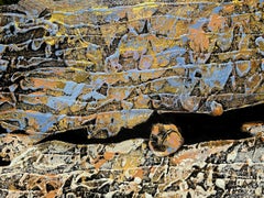 "Earth and Aquifer" mixed media abstract with textural browns, blues, lavender