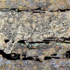 "Earth and Aquifer" mixed media abstract with textural browns, blues, lavender