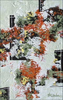 "Fall Finale" Mixed Media abstract with textural greens, gray, and red/orange 