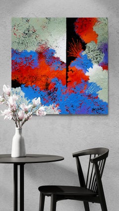 "Fan Dance 2"  abstract with textural blues, orange, and reds, tans