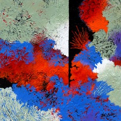 "Fan Dance 2"  abstract with textural blues, orange, and reds, tans