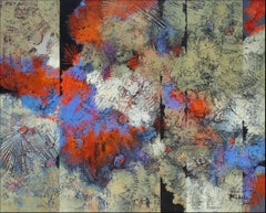 "Fan Dance" by Nancy Eckels abstract painting with textural tans, blue, and reds