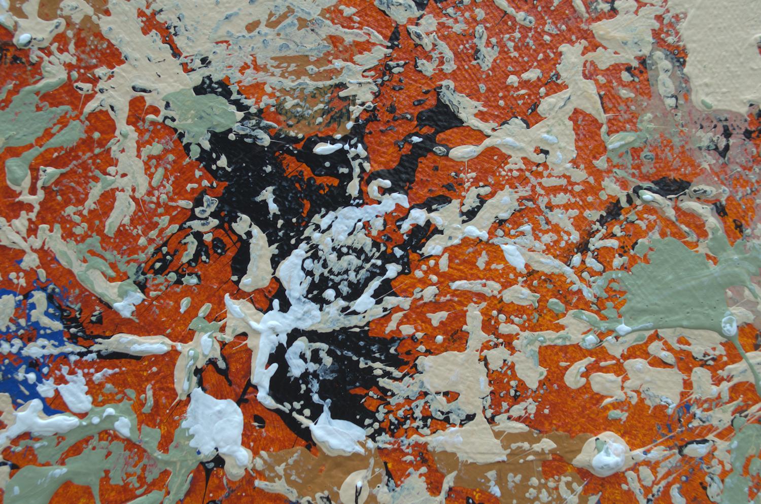 « Fancy Boxes », technique mixte abstraite avec des bleus, oranges et rouges texturés - Gris Abstract Painting par Nancy Eckels