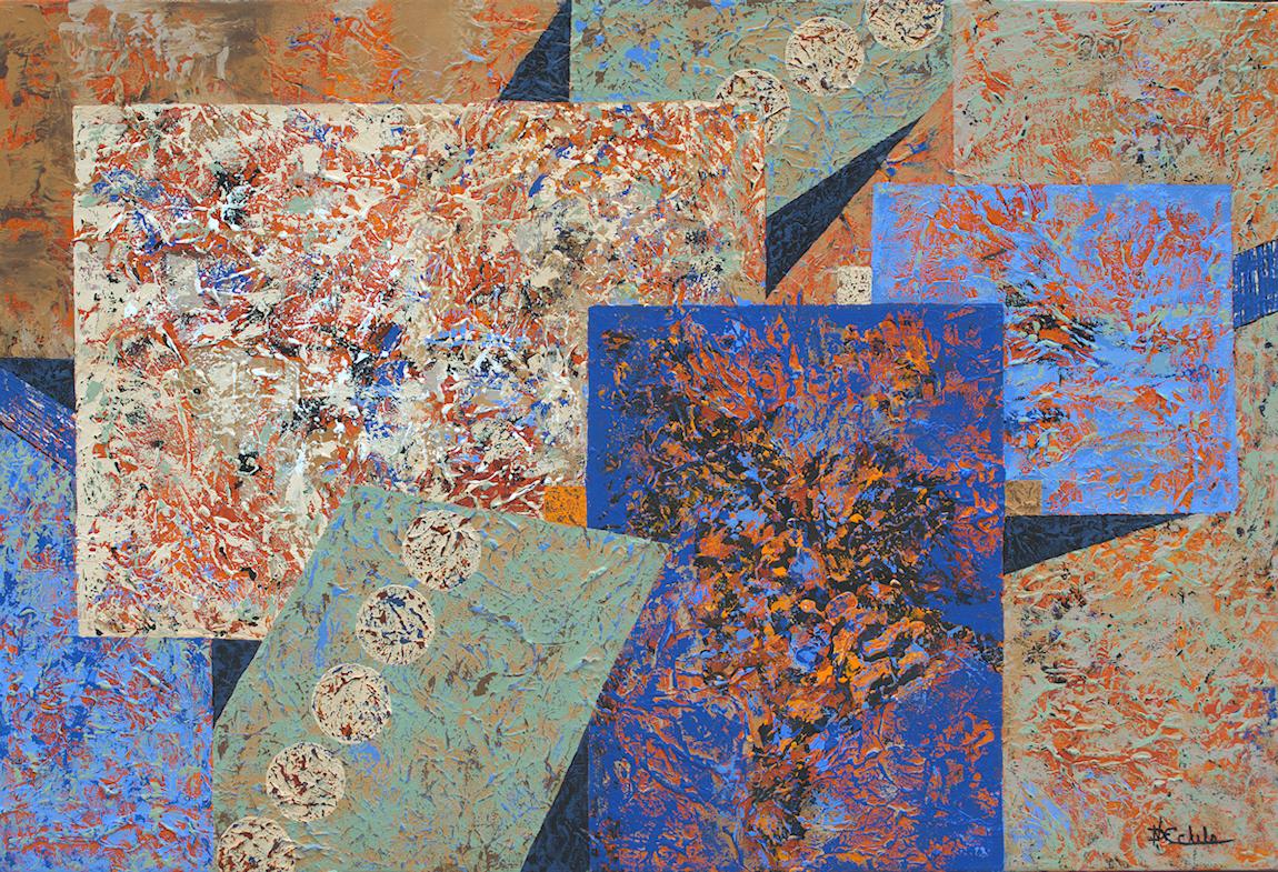 Abstract Painting Nancy Eckels - « Fancy Boxes », technique mixte abstraite avec des bleus, oranges et rouges texturés