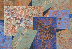 "Fancy Boxes" mixed media abstract with textural blues, orange, and reds