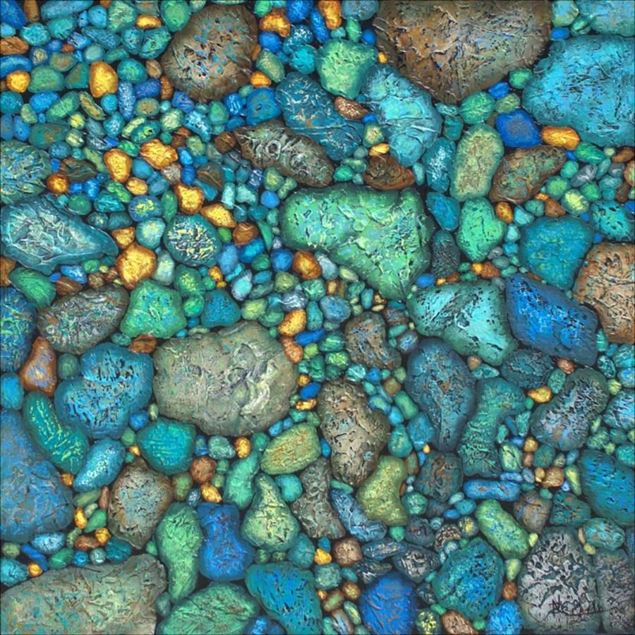 "Fancy Ocean Rocks" Mixed Media abstract with textural greens, blues and gold - Mixed Media Art by Nancy Eckels