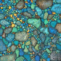 "Fancy Ocean Rocks" Mixed Media abstract with textural greens, blues and gold