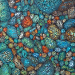 Nancy Eckels - "Fancy River Rocks" Mixed Media abstract with textural greens, blues and gold "Fancy River Rocks" Mixed Media abstract with textural greens, blues and gold