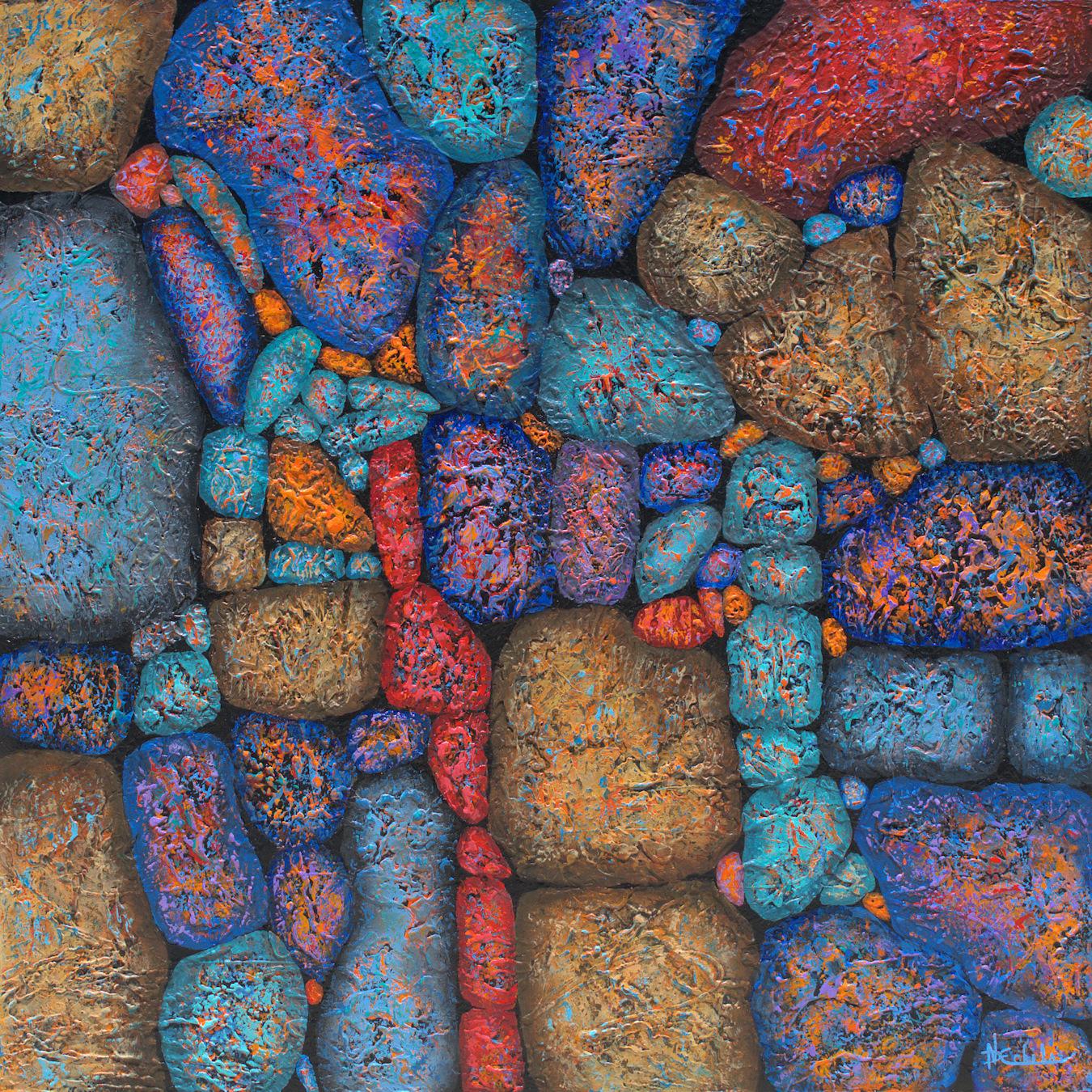 Nancy Eckels Abstract Painting - "Fancy Rocks Blue" abstract with textural purples, blues, red and aqua