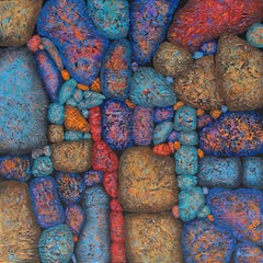 "Fancy Rocks Blue" abstract with textural purples, blues, red and aqua