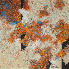 "Fleeting Autumn" Mixed Media abstract with textural tans, orange, reds and blue