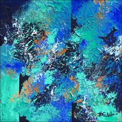 "Fun and Games" Mixed Media abstract with textural blues, white and purple