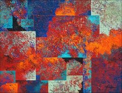 "Geometry In Motion"Mixed Media abstract with textural red, orange,blues, purple