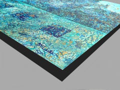 "Golden Accents" mixed media abstract with textural blues, lavender, and aquas