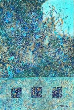 "Golden Accents" mixed media abstract with textural blues, lavender, and aquas