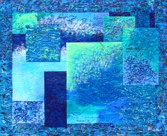 "Golden Accents" mixed media abstract with textural blues, teal, and aquas