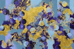 "Golden Bubblelicious" mixed media abstract with textural blues, teal, and aquas