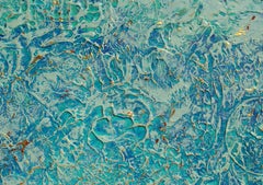 "Golden Falls" Mixed Media abstract with textural blues, teal, metallic gold