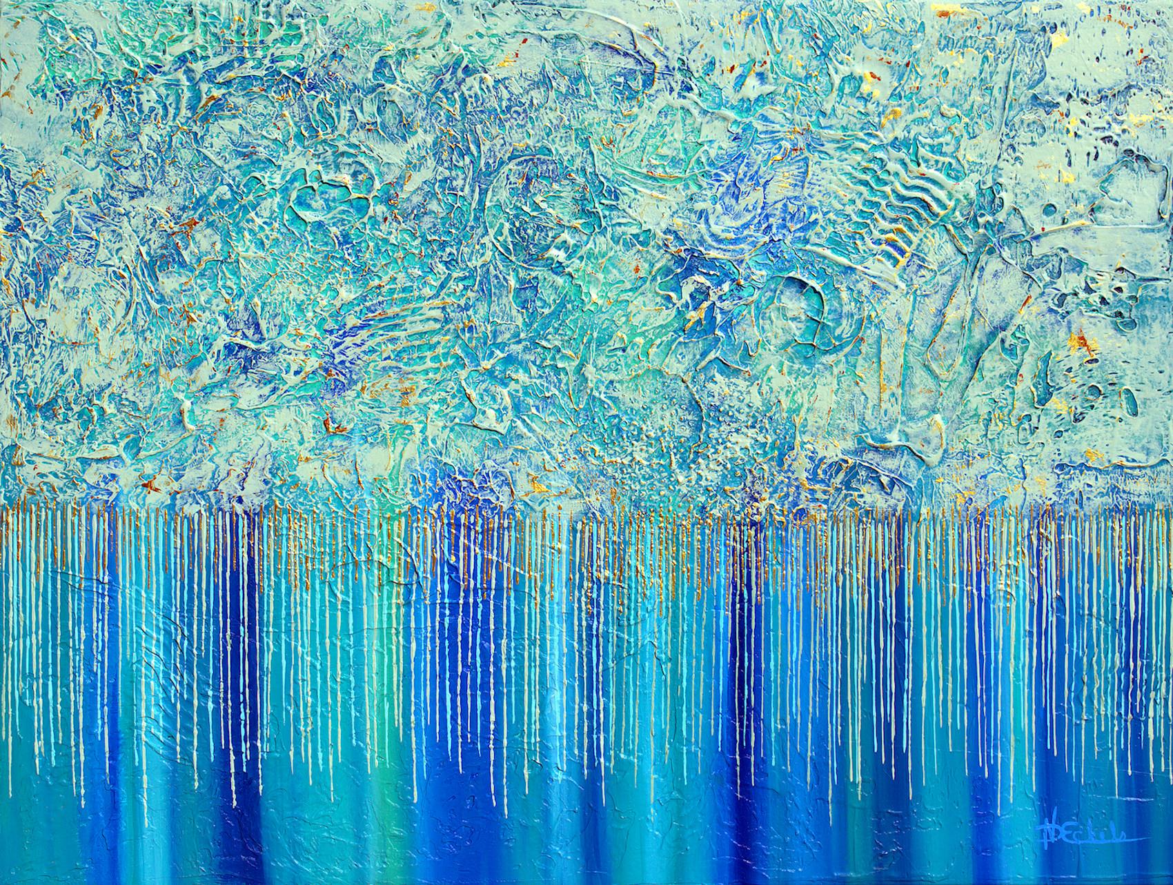 "Golden Falls" Mixed Media abstract with textural blues, teal, metallic gold - Mixed Media Art by Nancy Eckels