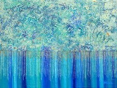 "Golden Falls" Mixed Media abstract with textural blues, teal, metallic gold