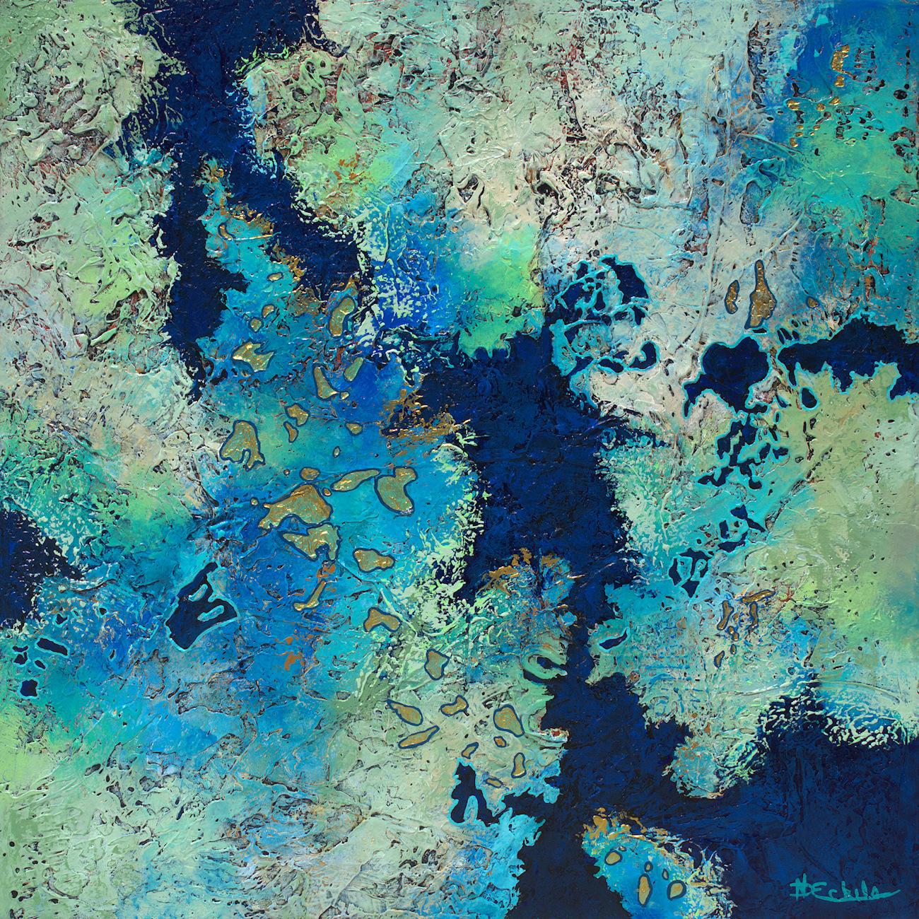 "Golden Pools" Mixed Media abstract with textural blues, teal, metallic gold
