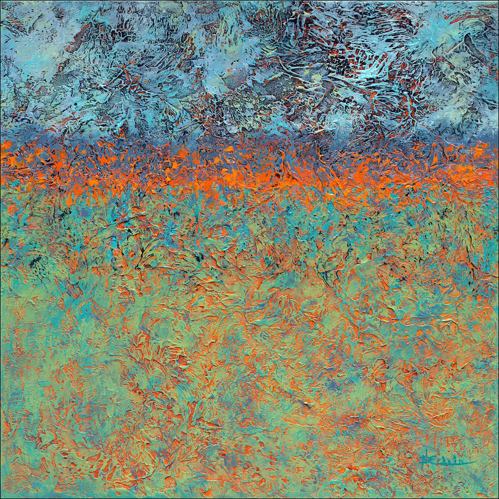 "Heated Horizon" Mixed Media abstract with textural blues, orange and lavender