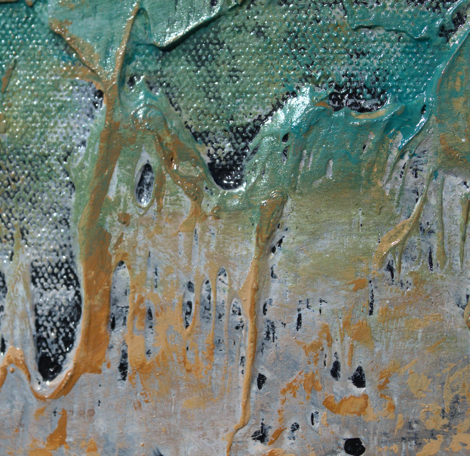 „“Übergeschlossene Lagune“  Abstrakte Mischtechnik mit strukturierten Grün-, Blau- und Goldtönen  (Abstrakter Expressionismus), Mixed Media Art, von Nancy Eckels