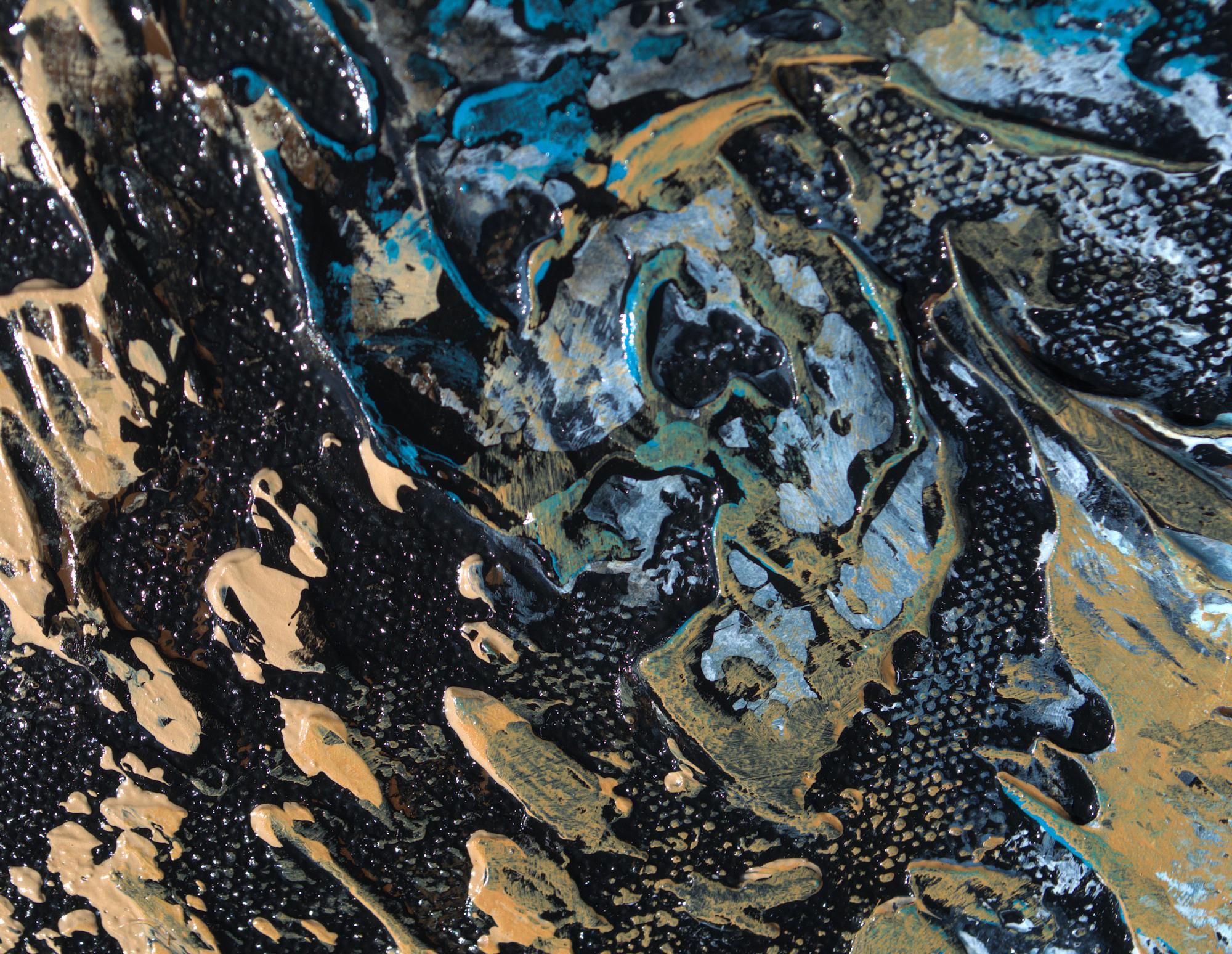 „“Übergeschlossene Lagune“  Abstrakte Mischtechnik mit strukturierten Grün-, Blau- und Goldtönen  im Angebot 1