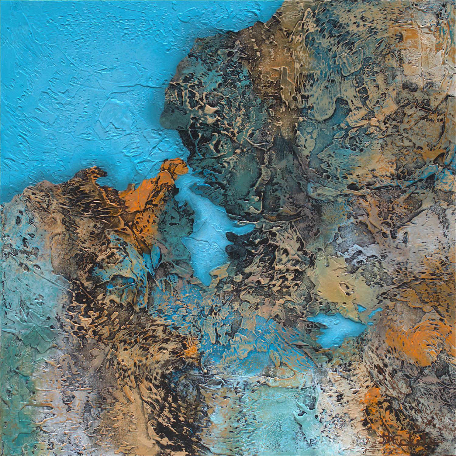 „“Übergeschlossene Lagune“  Abstrakte Mischtechnik mit strukturierten Grün-, Blau- und Goldtönen  – Mixed Media Art von Nancy Eckels