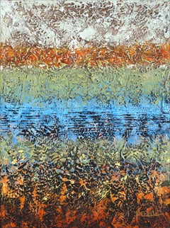 "Hidden Pond" Mixed Media abstract with textural greens, blues and fiery oranges